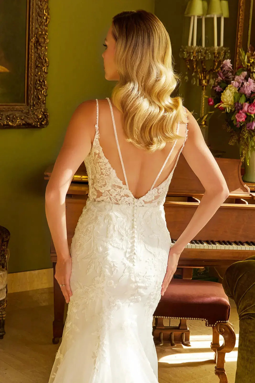 Trumpet silhouette wedding dress with sequin embroidery and thin beaded straps by Tux-USA