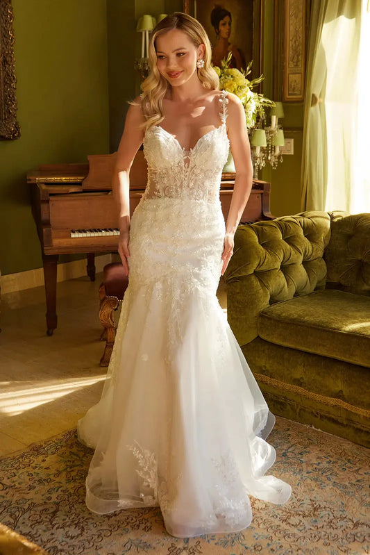 Mermaid Silhouette Wedding Dress Adorned with Beads, Sequins and Floral Embroidery by Tux-USA