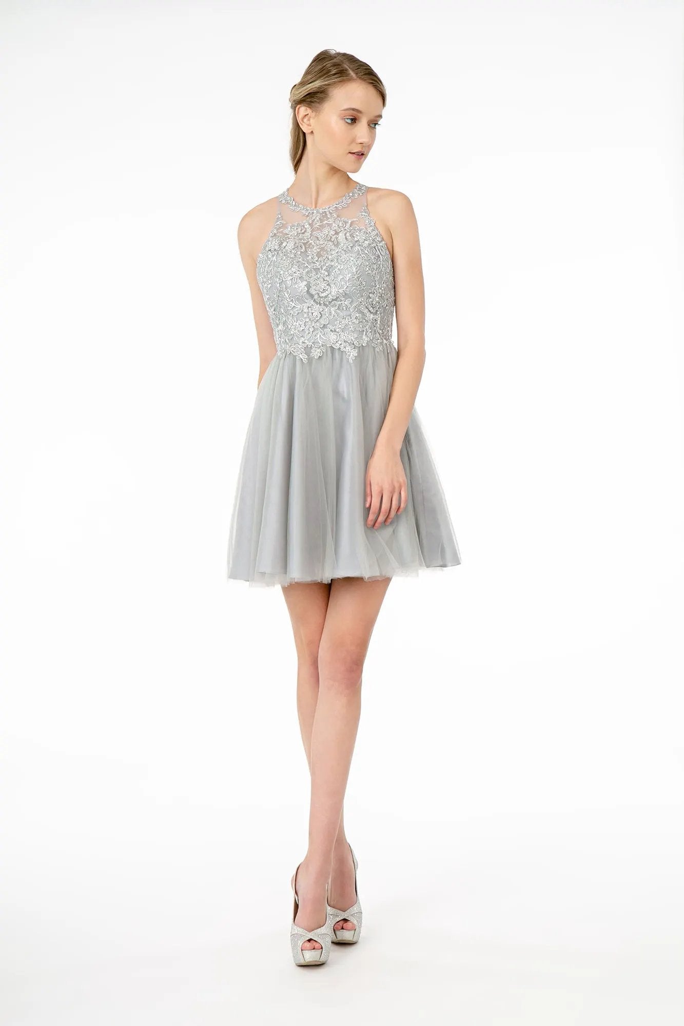 Jewel Embellished Embroidery Tulle Short Dress w/ Strap Back by Tux-USA