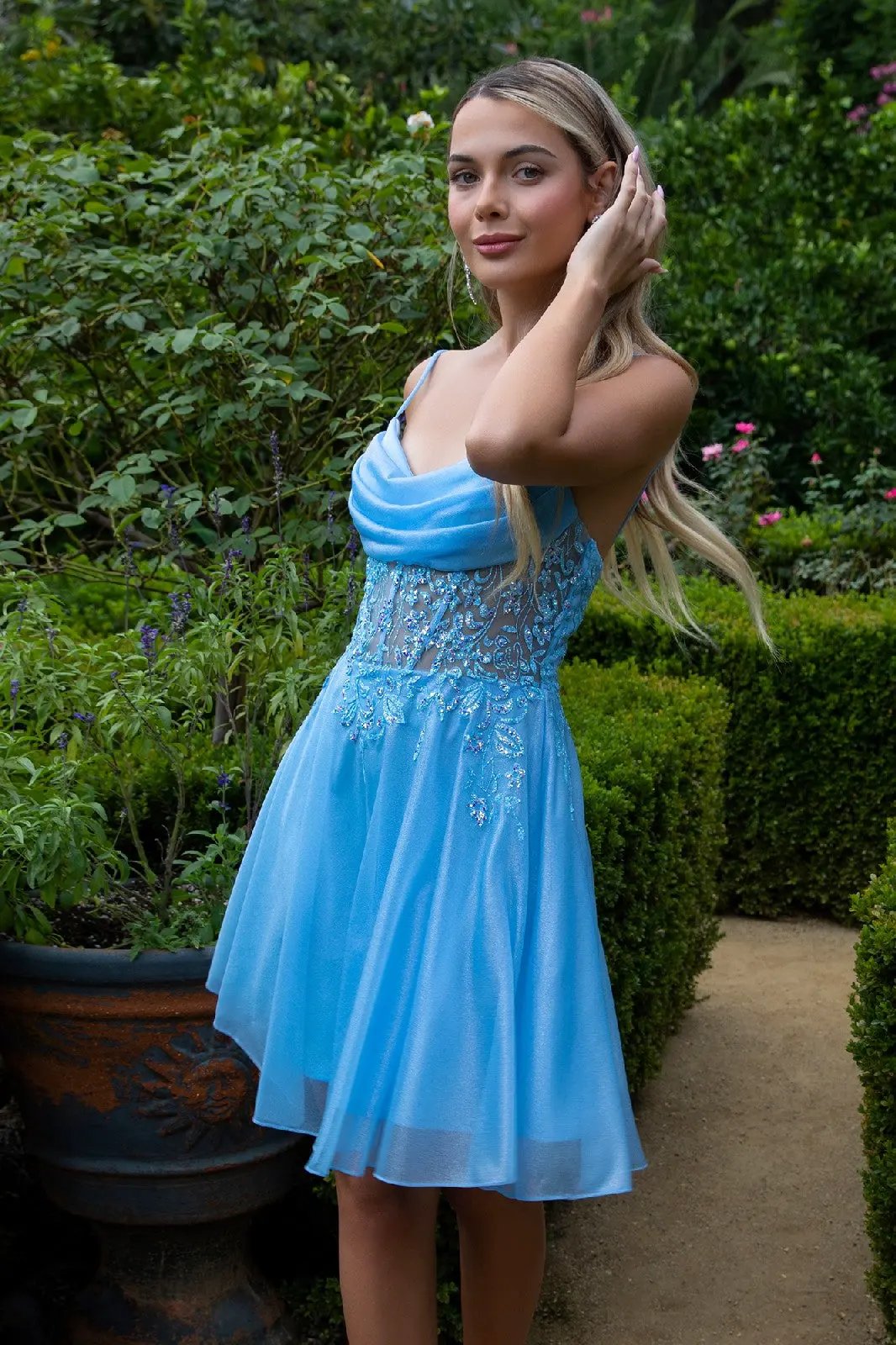 Sheer Bodice Glitter Print Embellished Spaghetti Strap Homecoming Dress by Tux-USA
