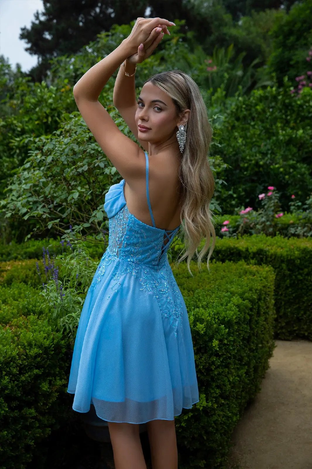Sheer Bodice Glitter Print Embellished Spaghetti Strap Homecoming Dress by Tux-USA