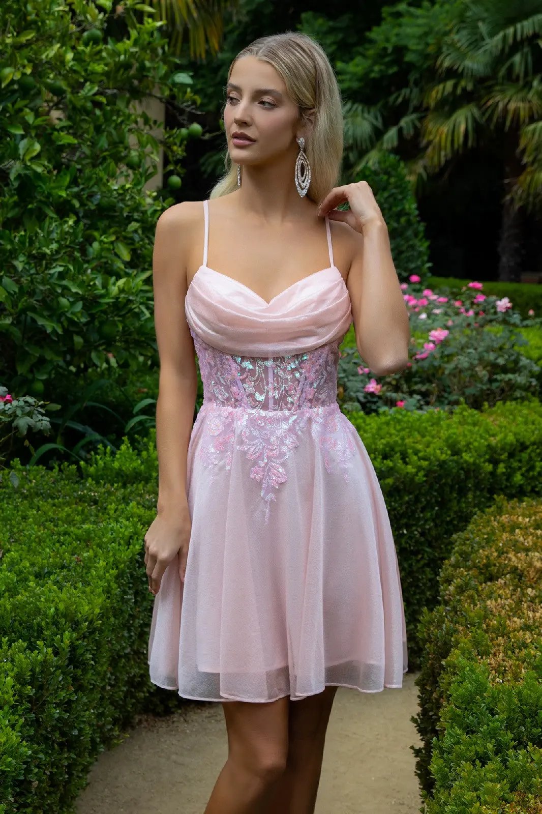 Sheer Bodice Glitter Print Embellished Spaghetti Strap Homecoming Dress by Tux-USA