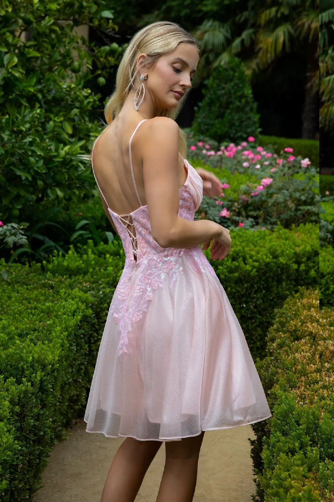 Sheer Bodice Glitter Print Embellished Spaghetti Strap Homecoming Dress by Tux-USA