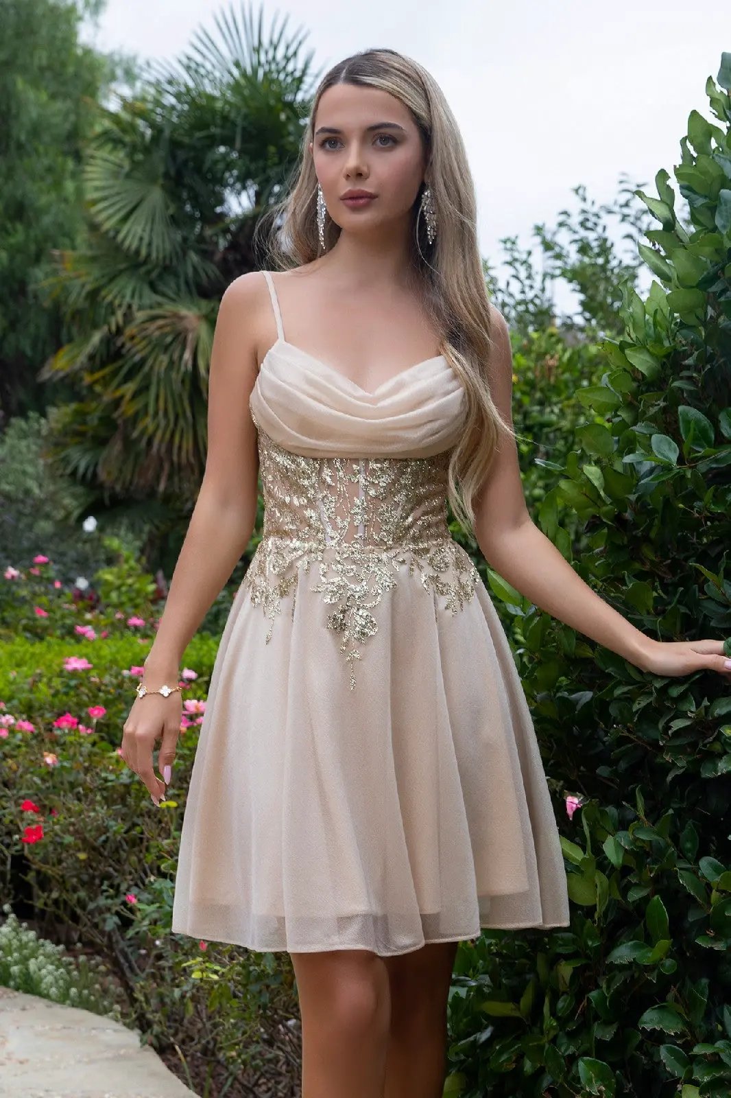 Sheer Bodice Glitter Print Embellished Spaghetti Strap Homecoming Dress by Tux-USA
