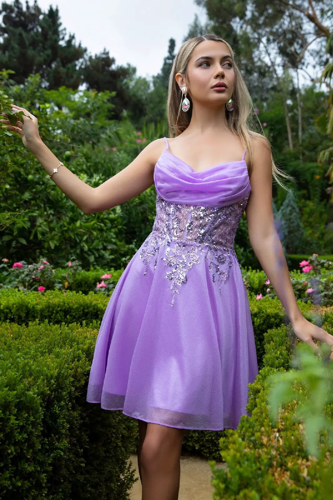 Sheer Bodice Glitter Print Embellished Spaghetti Strap Homecoming Dress by Tux-USA