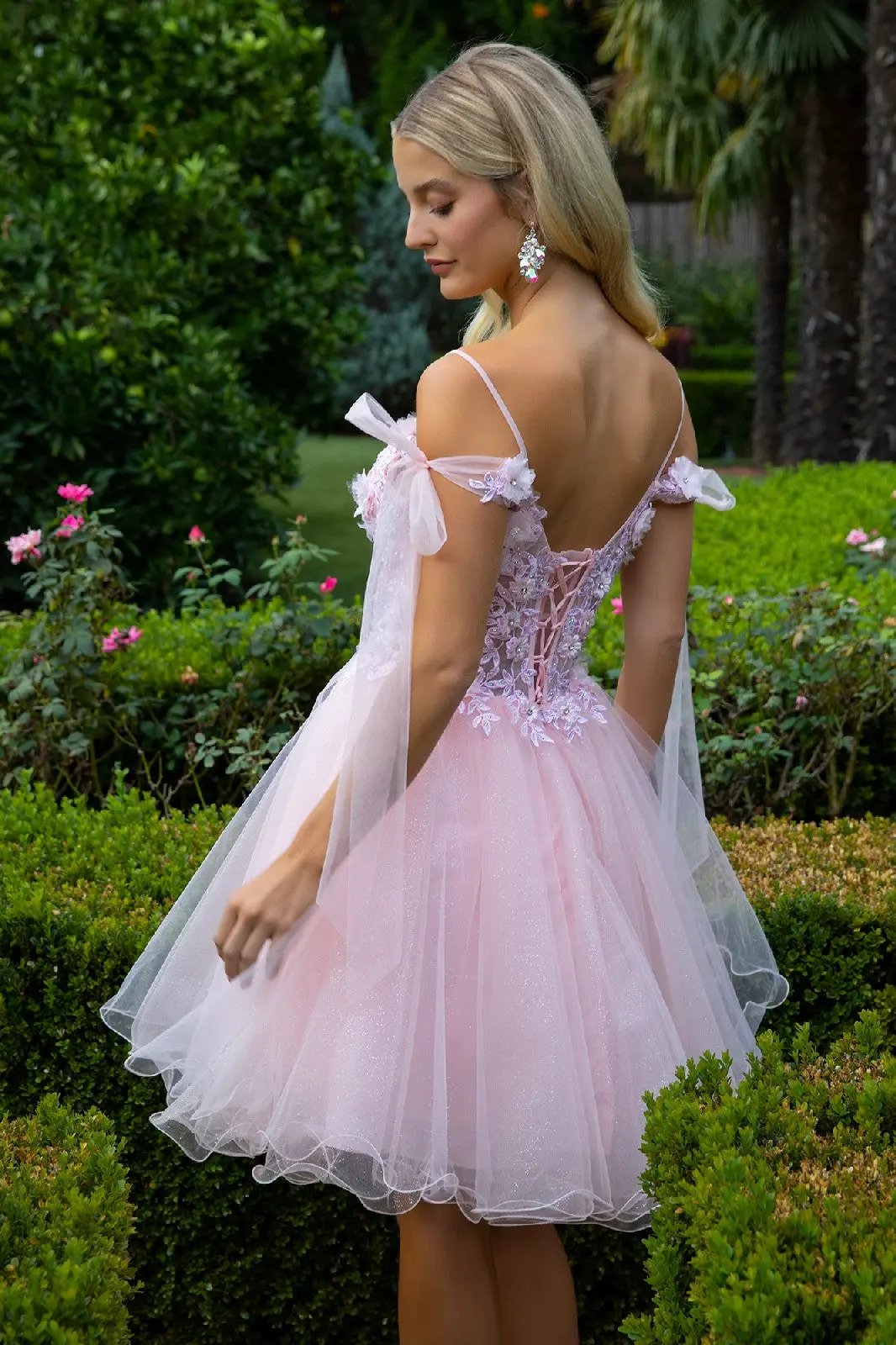 3D Flower and Embroidery Embellished Glitter Mesh Homecoming Dress w/ Lace-Up Back by Tux-USA