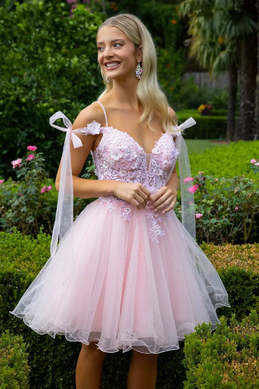 3D Flower and Embroidery Embellished Glitter Mesh Homecoming Dress w/ Lace-Up Back by Tux-USA