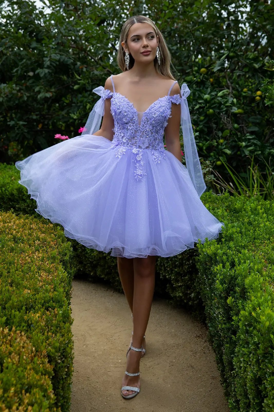 3D Flower and Embroidery Embellished Glitter Mesh Homecoming Dress w/ Lace-Up Back by Tux-USA
