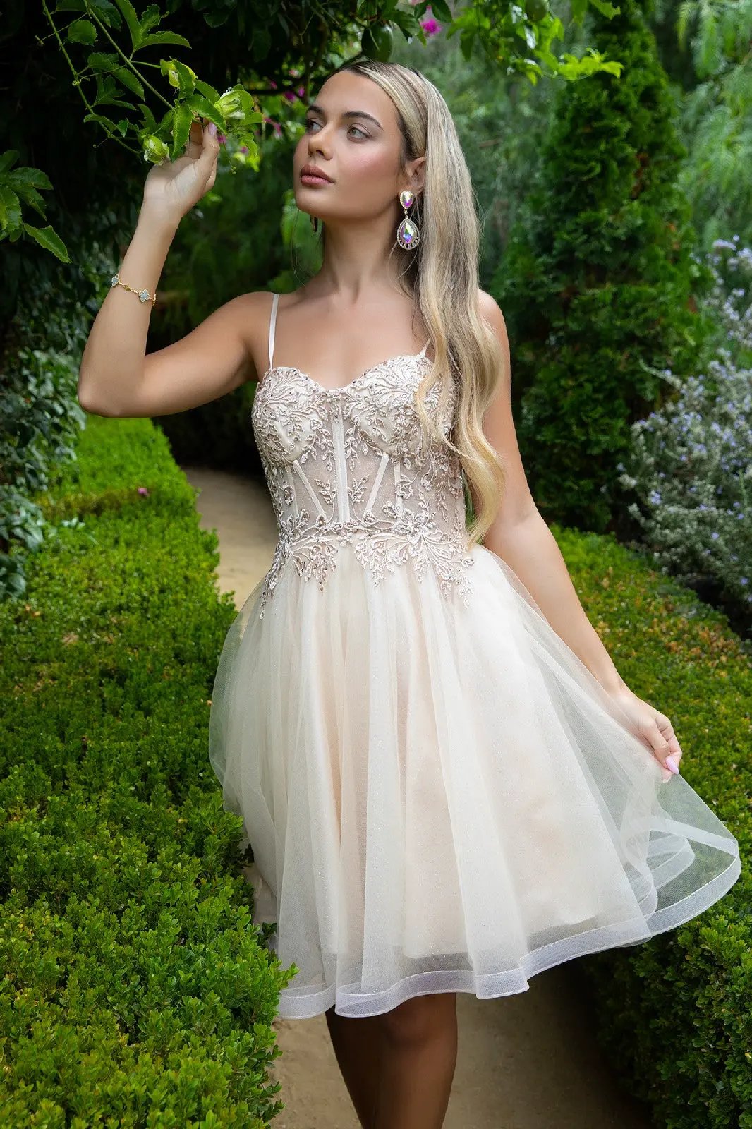 Floral Embroidery Embellished Glitter Mesh Sweetheart Neckline A-Line Homecoming Dress by Tux-USA
