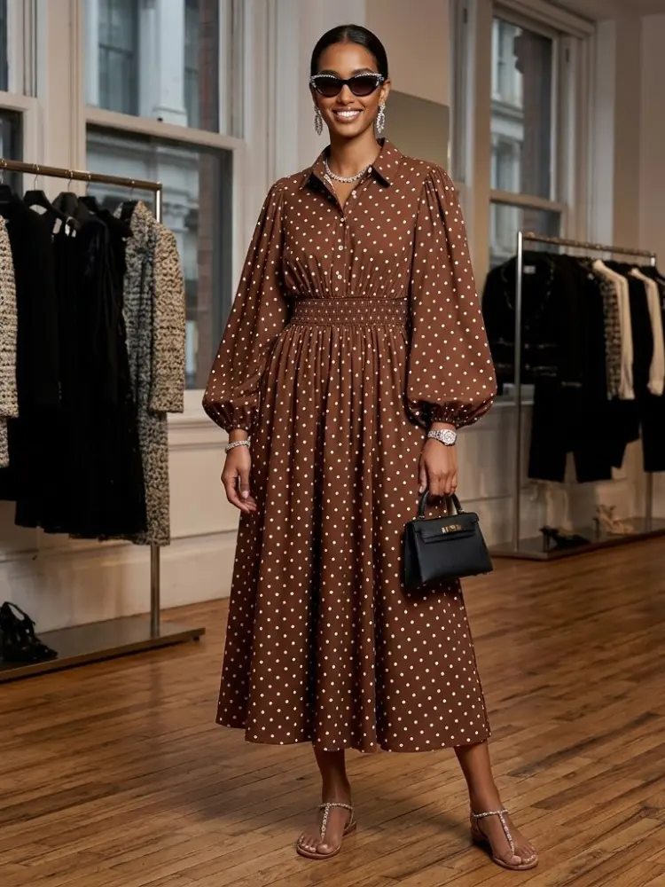 Gemini ha dicho Brown Polka Dot Shirt Dress TRIBECA New Collection FASHION BYMANYC ® New York by BYMANYC ® New York