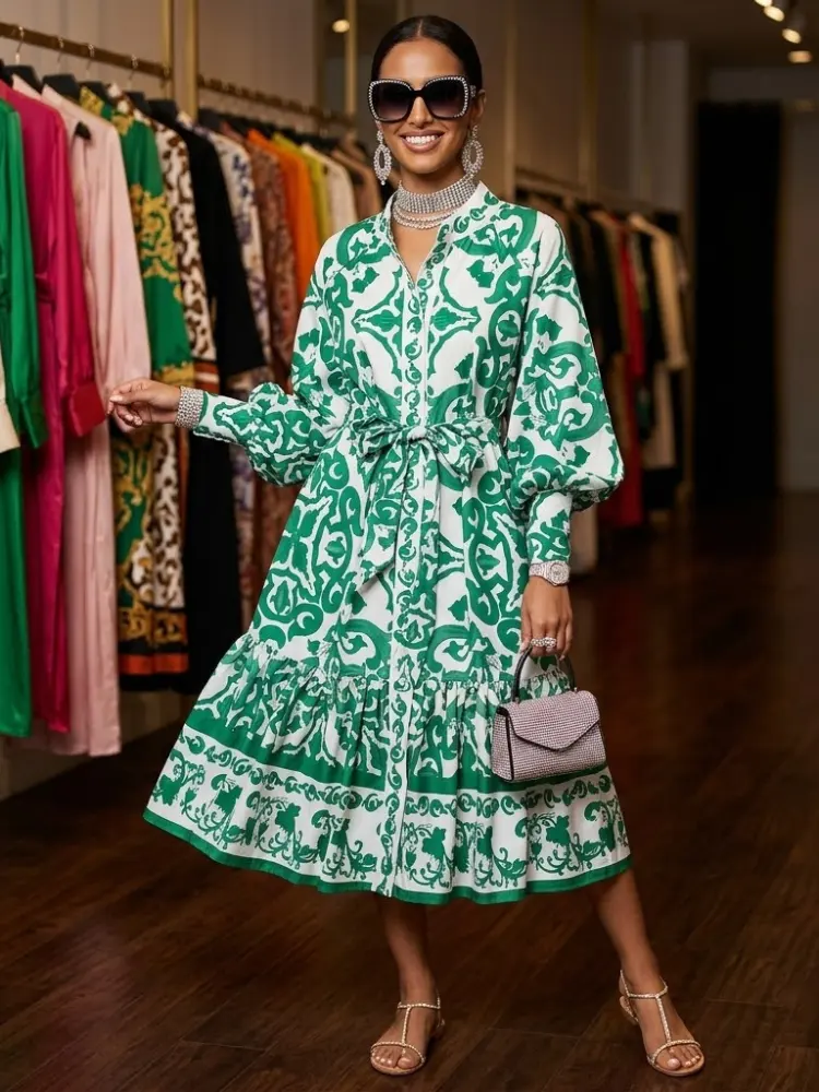 Gemini ha dicho Green Damask Print Shirt Dress TRIBECA New Collection FASHION BYMANYC ® New York by BYMANYC ® New York