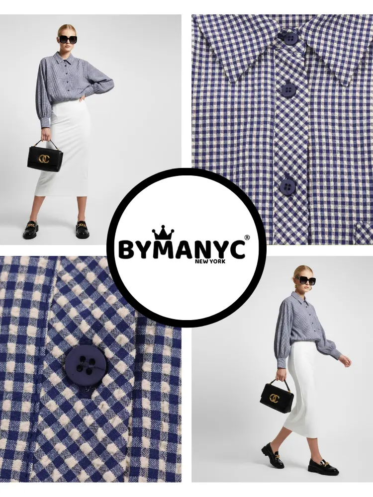 Gingham Check Shirt with Elastic Hem and Puff Sleeves • BYMANYC ® New York by BYMANYC ® New York