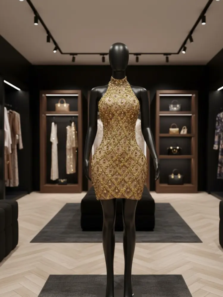 Golden Crystal Gown BYMANYC New York Sheer Mesh Glam Evening Dress for Her by BYMANYC ® New York