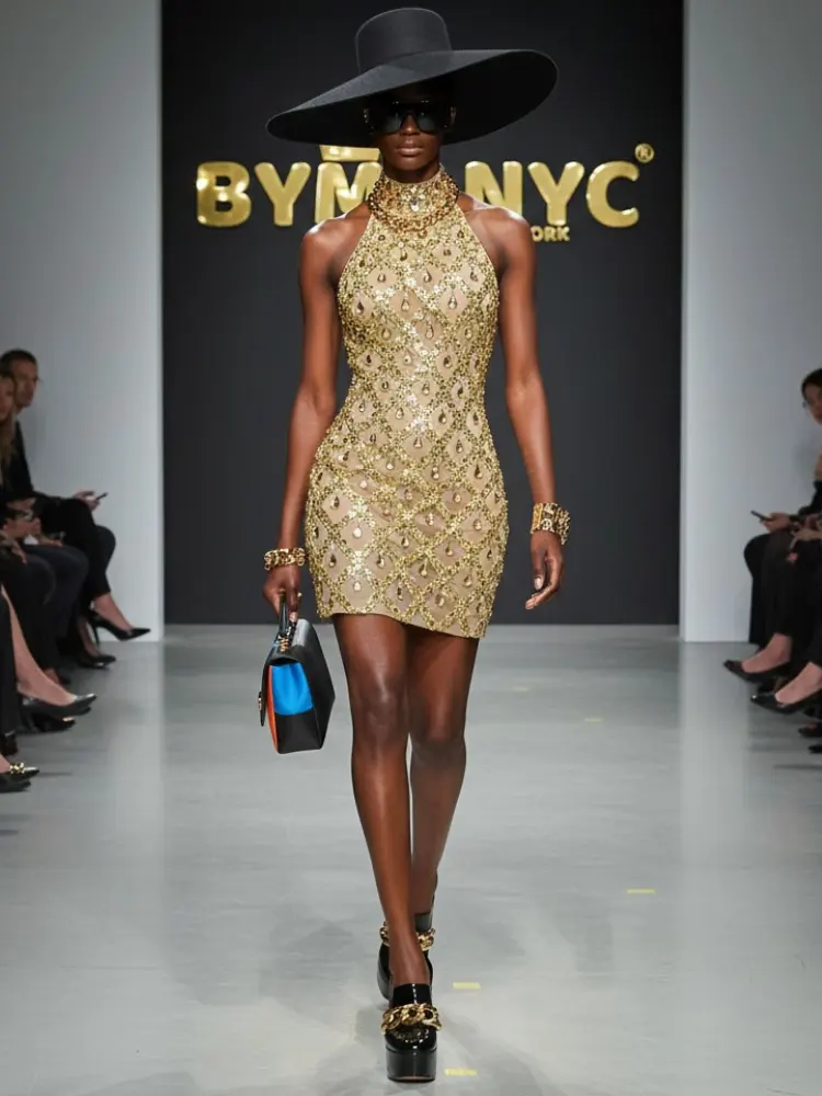 Golden Crystal Gown BYMANYC New York Sheer Mesh Glam Evening Dress for Her by BYMANYC ® New York