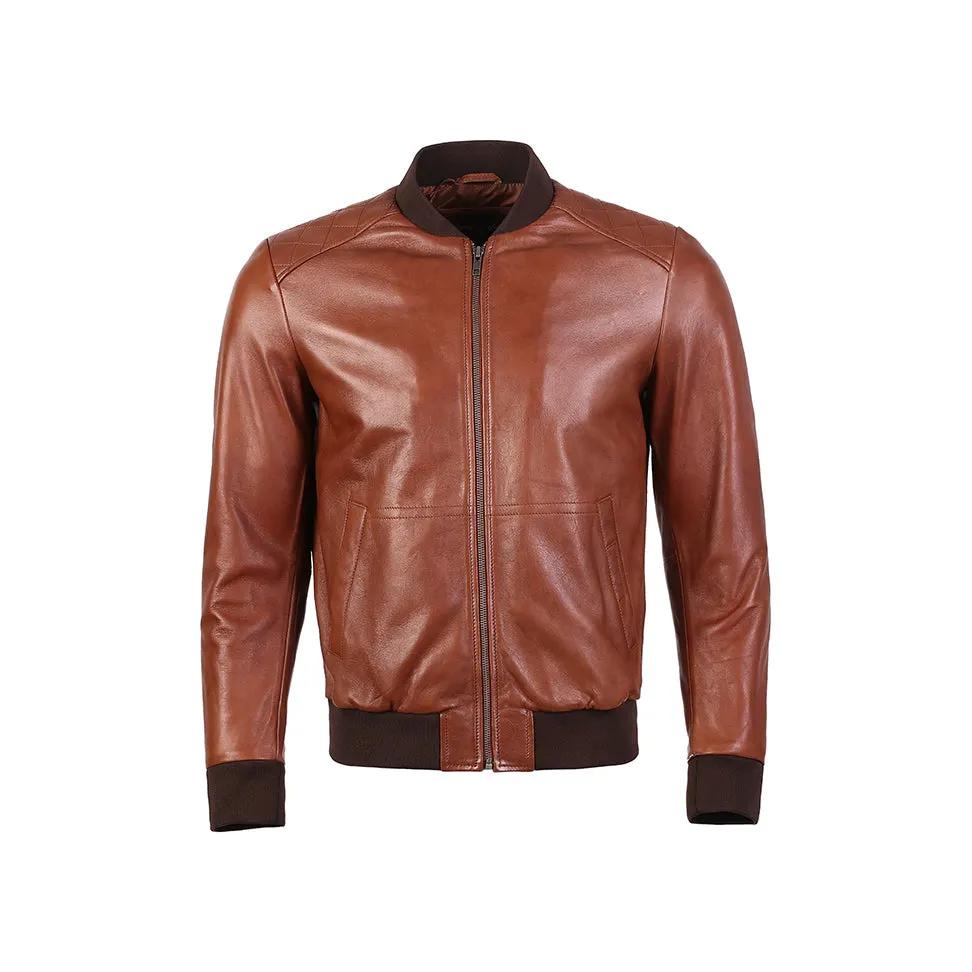 Greer Men's Wax Finish Sheepskin Leather Bomber Jacket by Inland Leather Co.