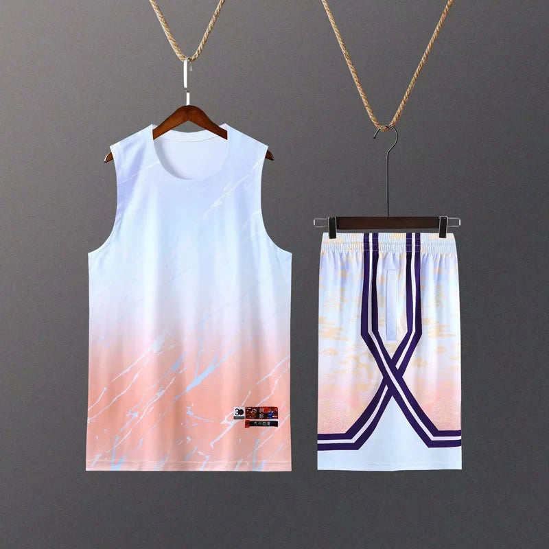 Kids Mens Custom Basketball Jersey Set Gradient Print Quick Dry Vest and Shorts Personalized Uniform-2