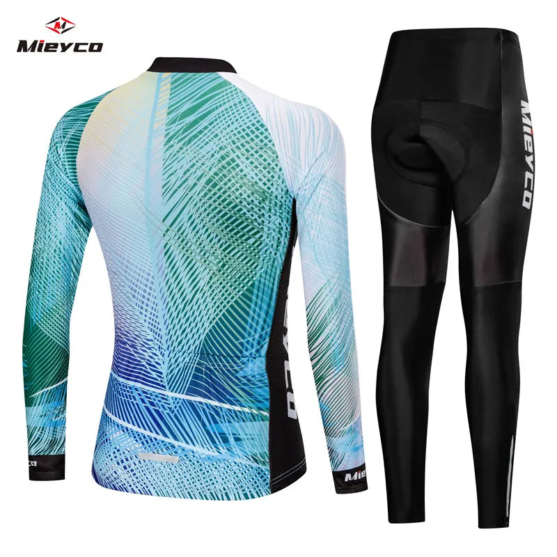 Women Long Sleeve Cycling Jersey Set MTB Bike Pants Kit Breathable Sportswear-2
