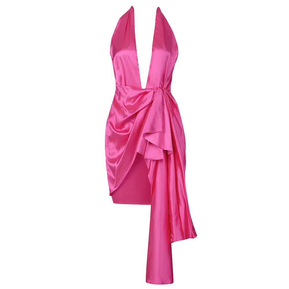 Rose Red Sexy Hollow Out Sleeveless Backless Deep V-Neck Bow Ruffle Fashion Clothing Evening Party Dresses by Equanimity Essence.