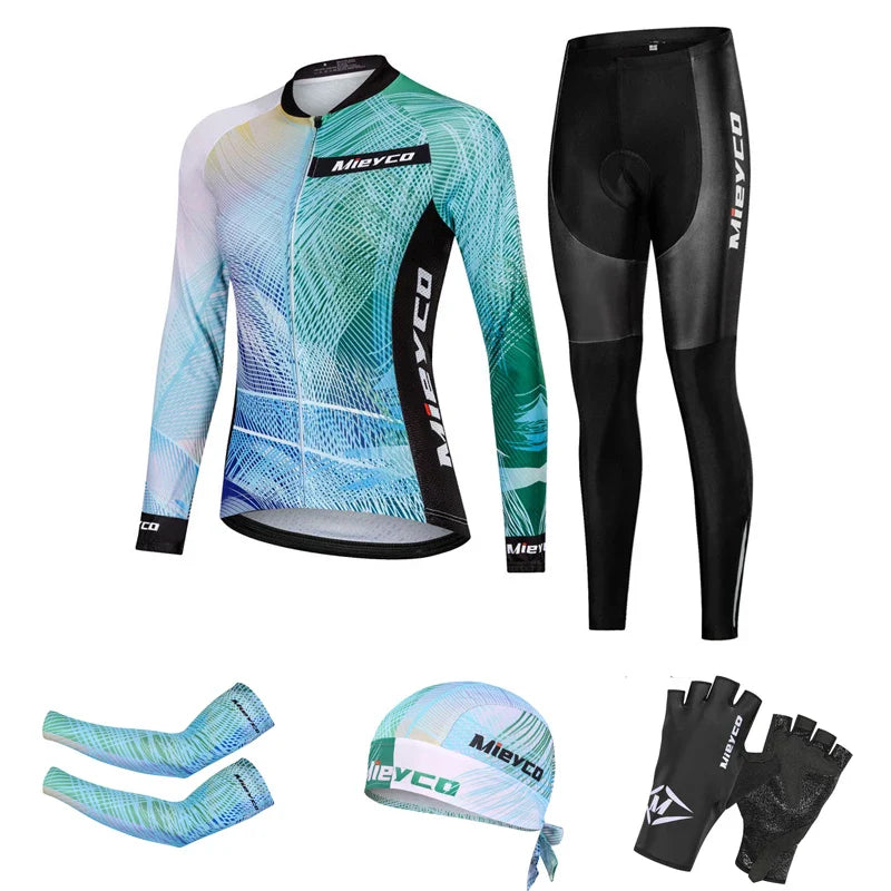 Women Long Sleeve Cycling Jersey Set MTB Bike Pants Kit Breathable Sportswear-0