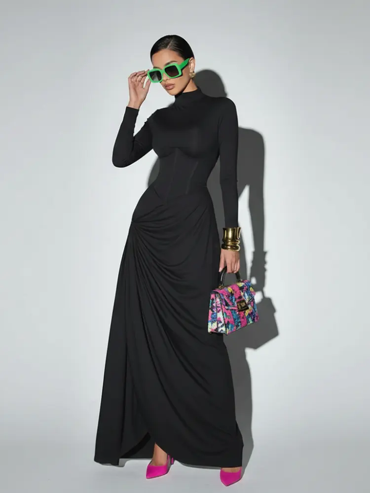 High Neck Waist-Cinched Slit Dress For Women, Elegant, Fifth Avenue, BYMANYC New York. by BYMANYC ® New York