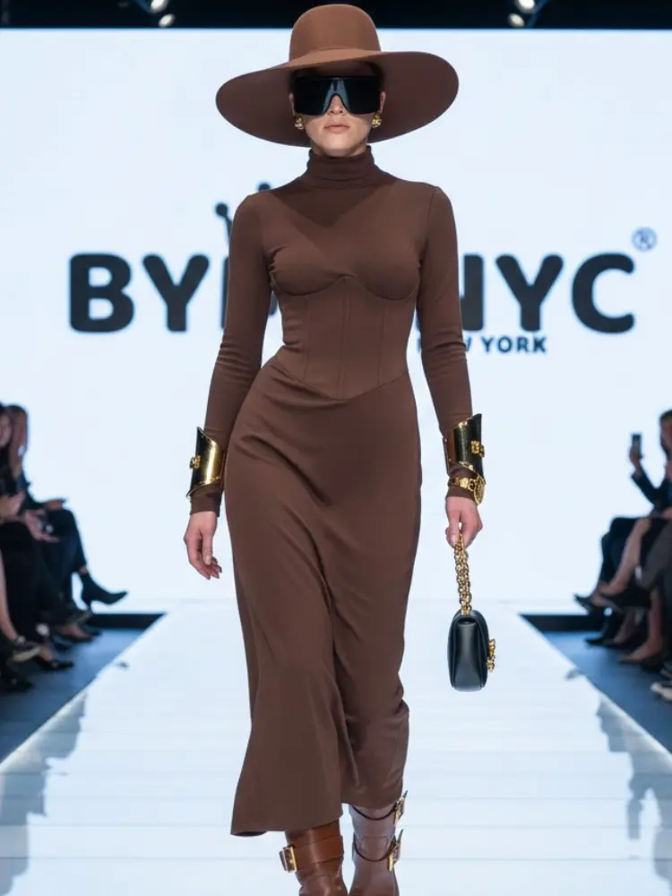 High Neck Waist-Cinched Slit Dress For Women, Elegant, Fifth Avenue, BYMANYC New York. by BYMANYC ® New York