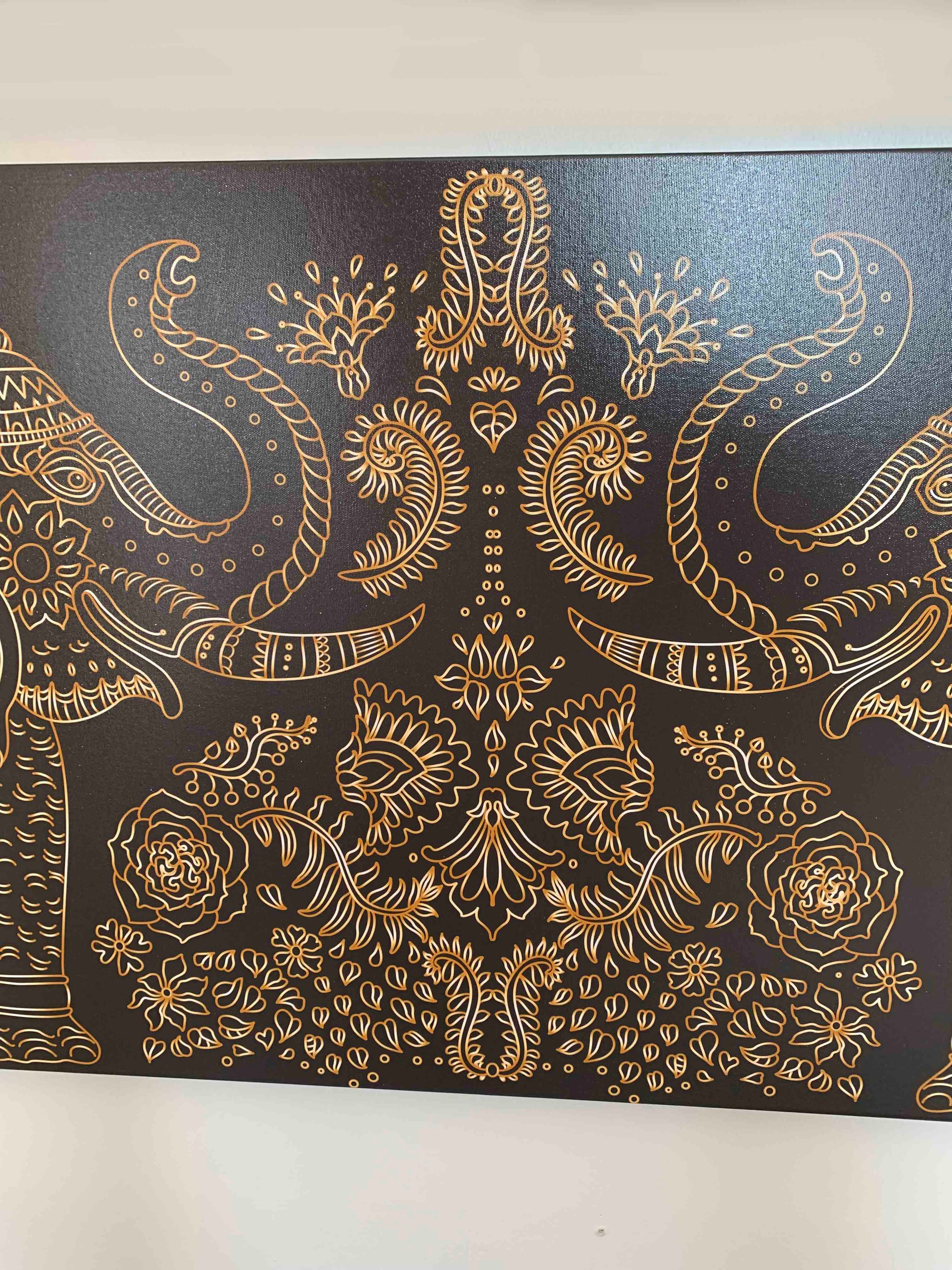 Lucky Trunk Up Elephants- Wildlife Canvas-Gold varnish by Gtaart.ca