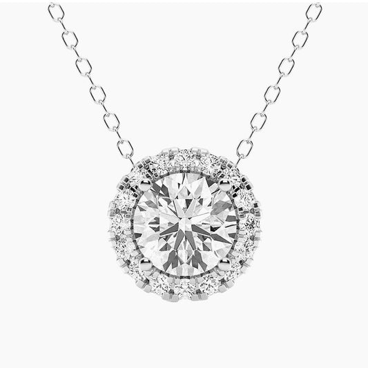 1.50 CTW AGI Certified Lab Grown Diamond Halo Pendant in 14kt White Gold