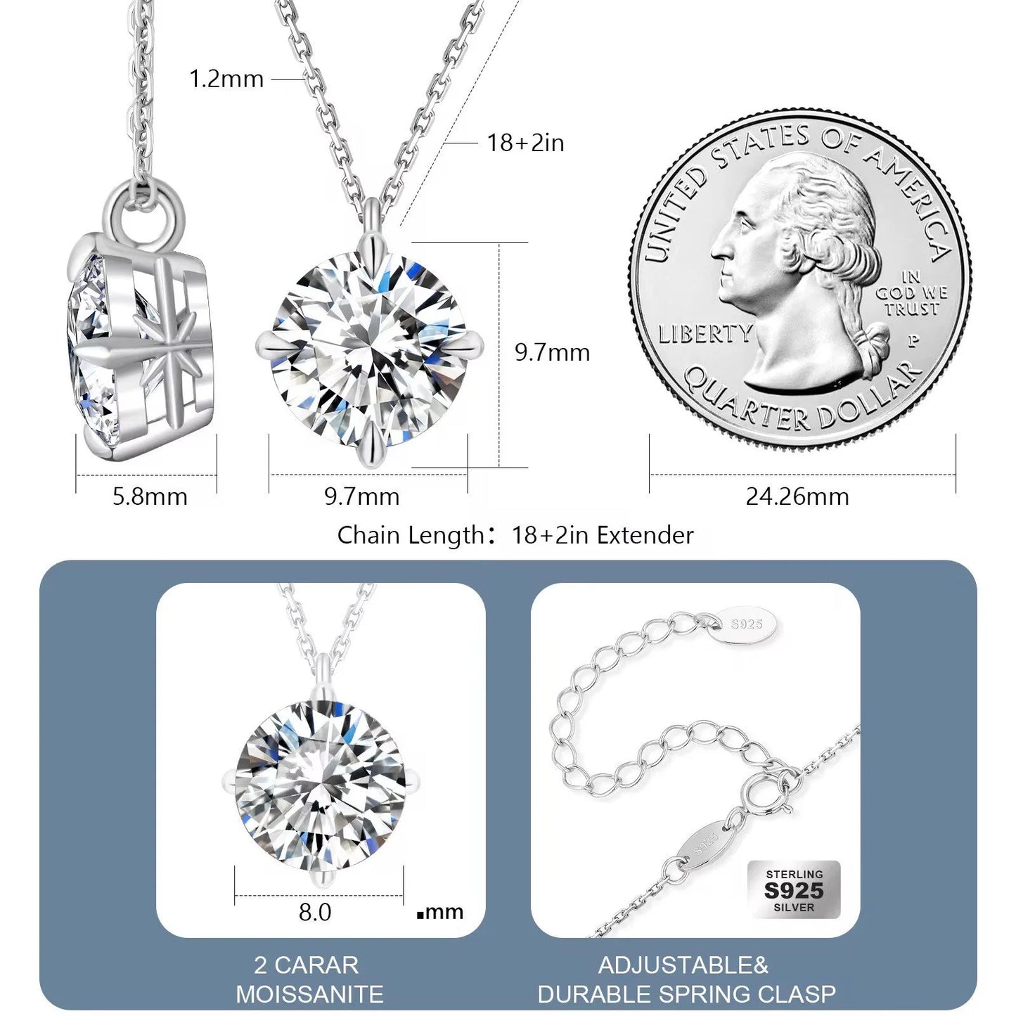 2 Carat Moissanite Pendant Necklace 925 Sterling Silver & 18K White Gold  GRA Certified Round Brilliant Cut-2
