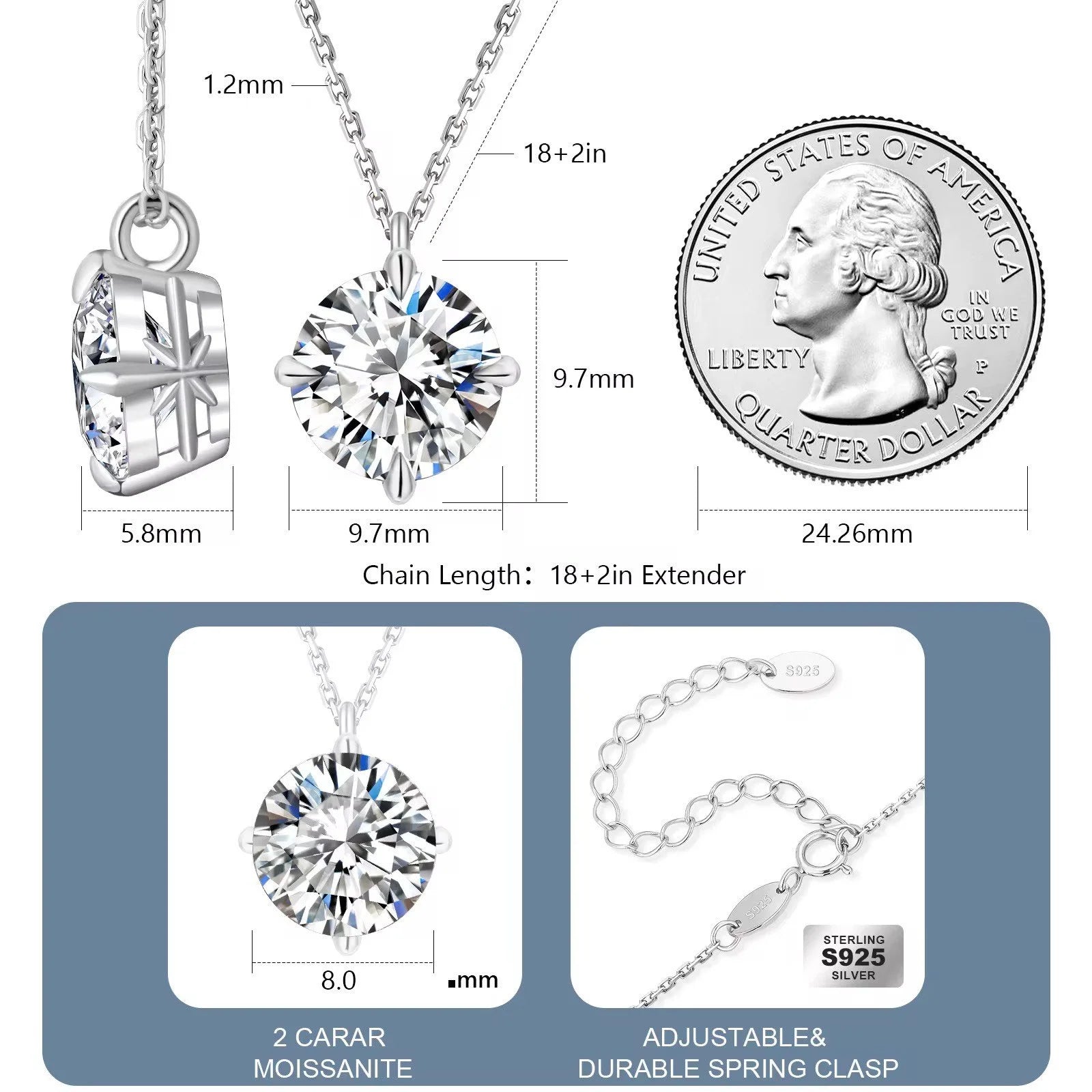 2 Carat Moissanite Pendant Necklace 925 Sterling Silver & 18K White Gold  GRA Certified Round Brilliant Cut-2