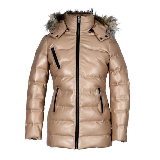 Women’s Selina Tan Puffer Leather Jacket with Faux Fur Hood – Genuine Sheepskin Bomber Coat by Inland Leather Co.