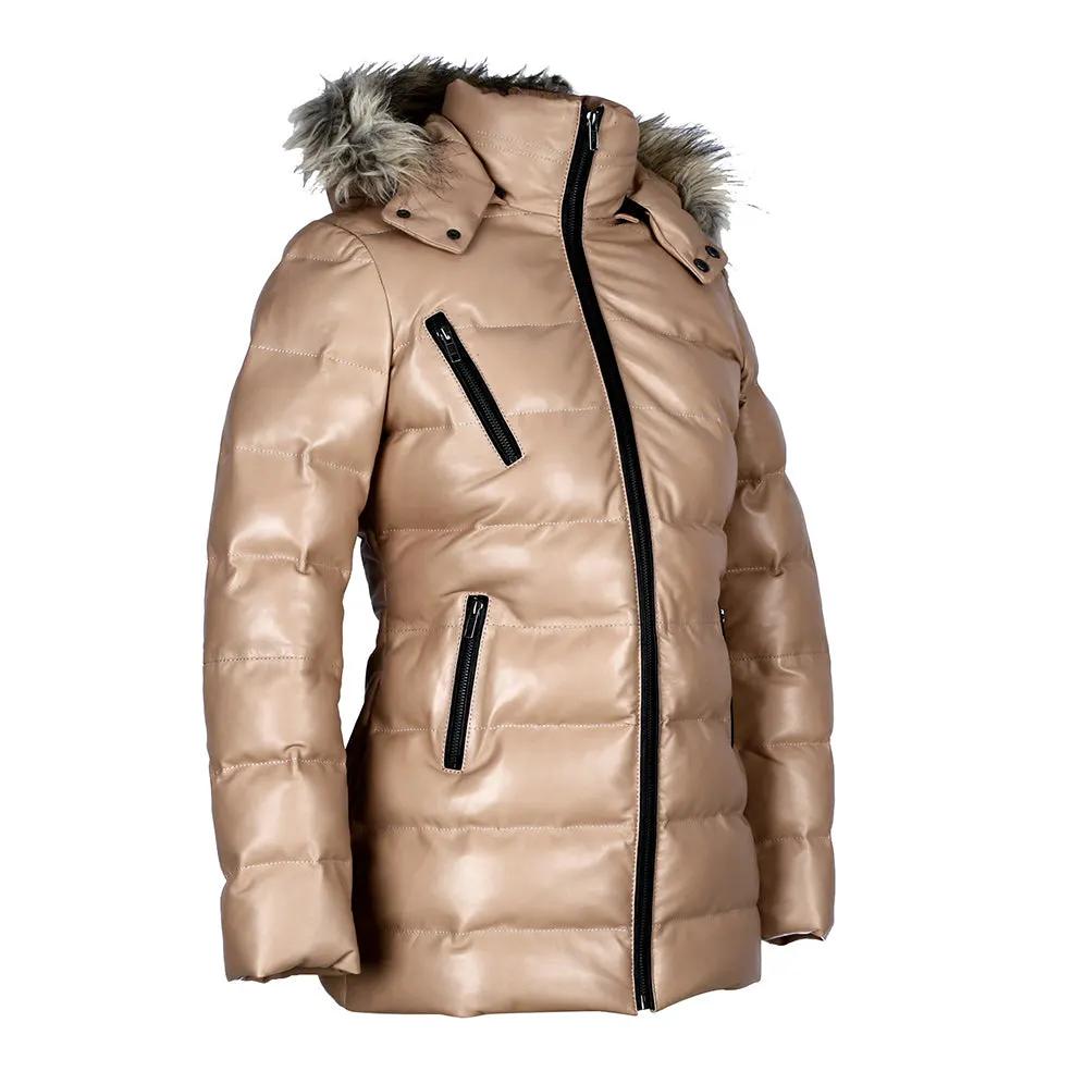 Women’s Selina Tan Puffer Leather Jacket with Faux Fur Hood – Genuine Sheepskin Bomber Coat by Inland Leather Co.