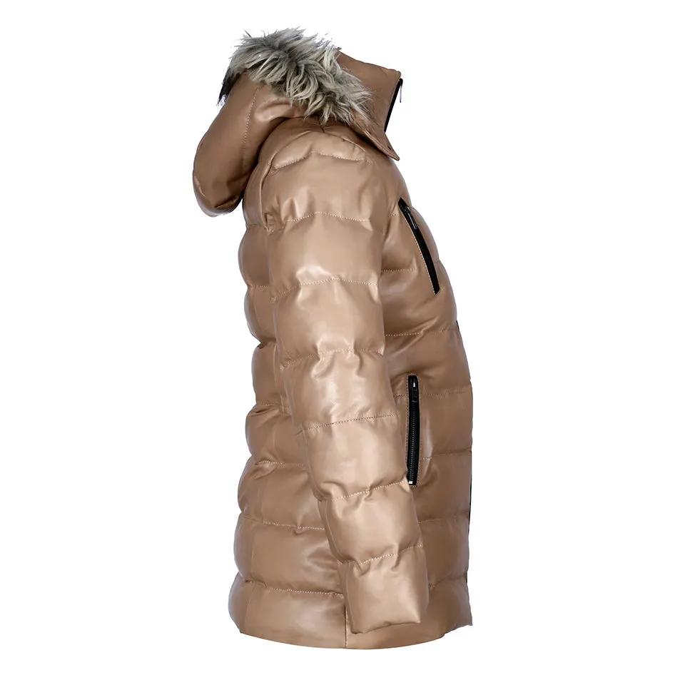 Women’s Selina Tan Puffer Leather Jacket with Faux Fur Hood – Genuine Sheepskin Bomber Coat by Inland Leather Co.