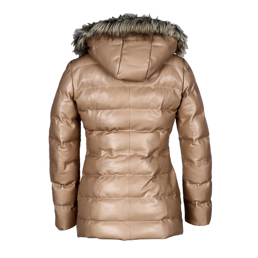 Women’s Selina Tan Puffer Leather Jacket with Faux Fur Hood – Genuine Sheepskin Bomber Coat by Inland Leather Co.