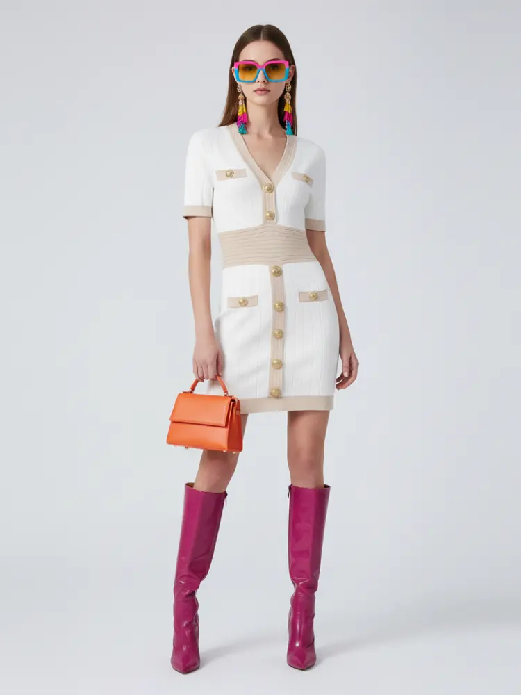 Ice Silk Knit Dress with Gold Buckle For Women, V-Neck, Upper East Side, BYMANYC New York. by BYMANYC ® New York