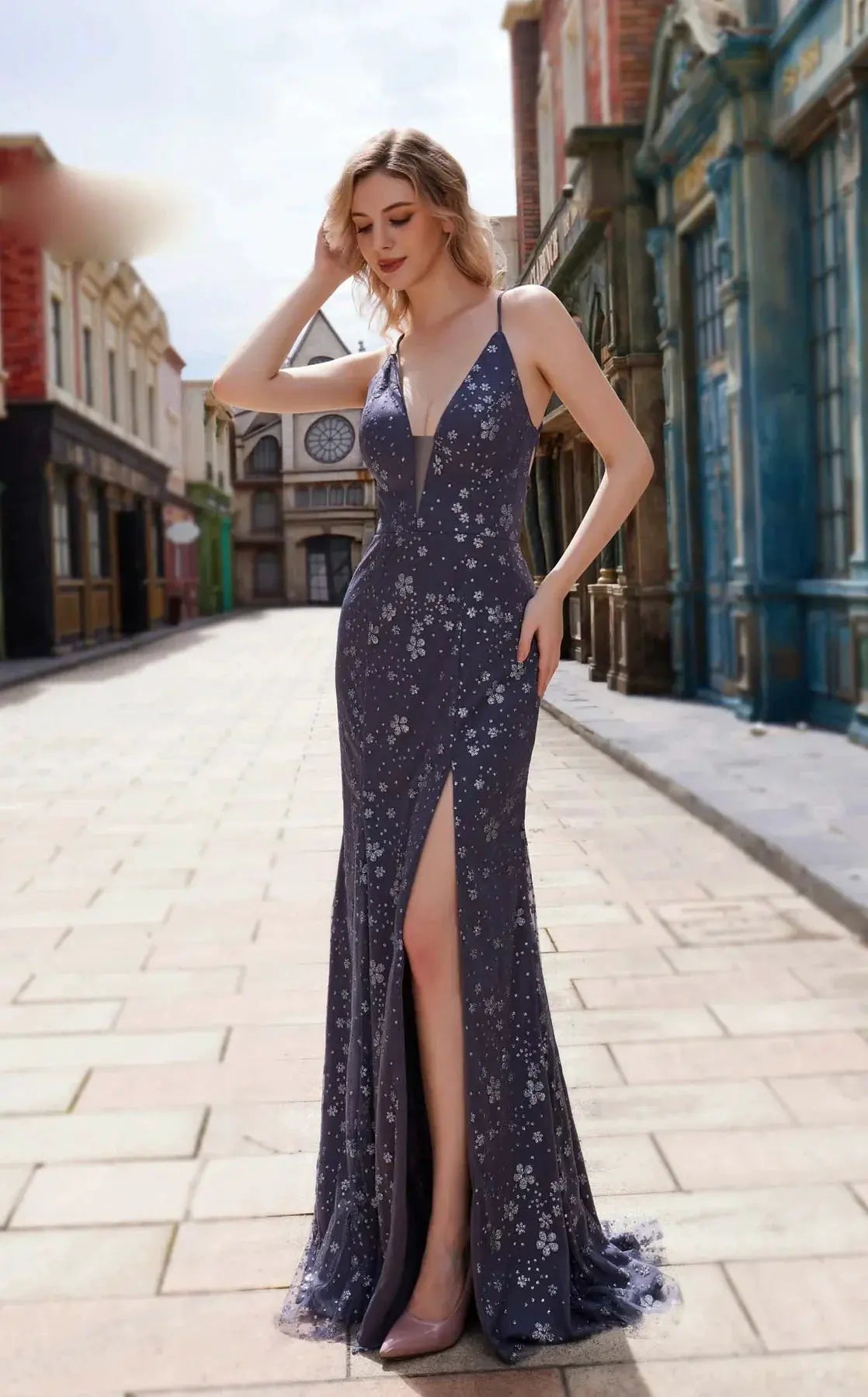 Dress Spaghetti Strap Floral Print Plunging Neckline Evening by Tux-USA