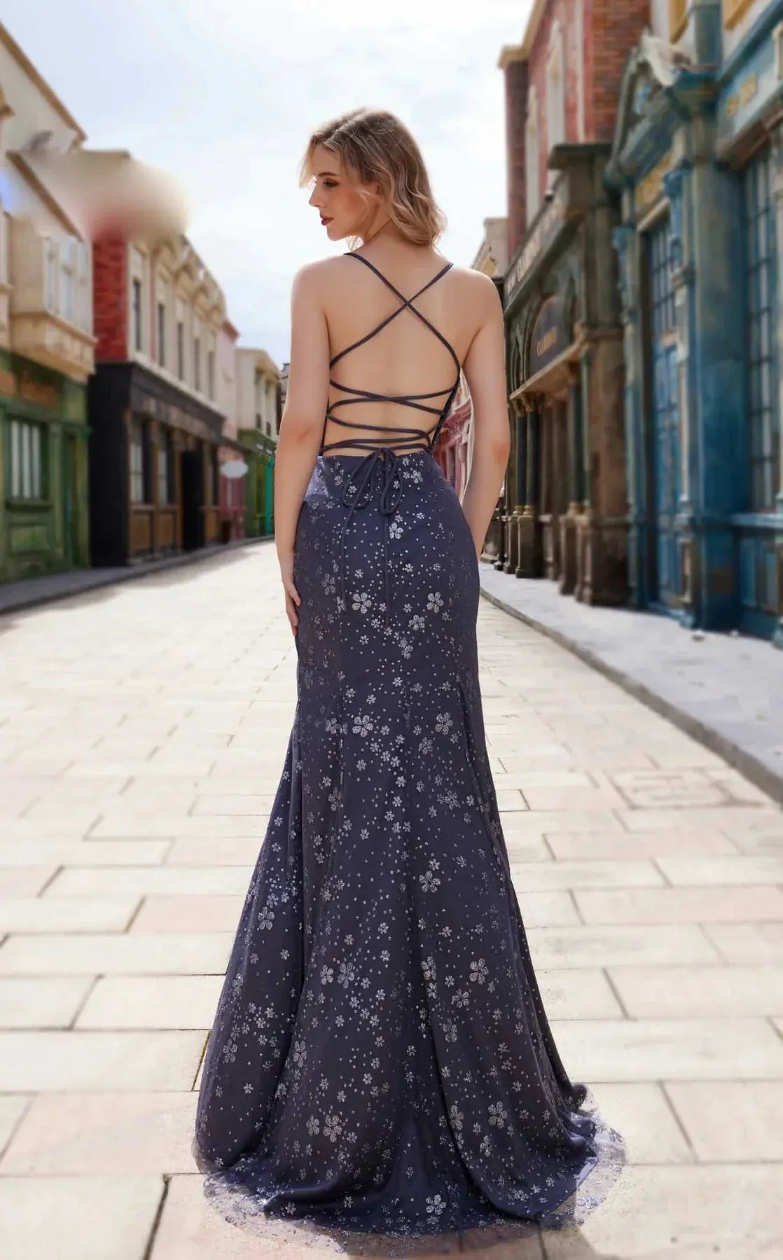 Dress Spaghetti Strap Floral Print Plunging Neckline Evening by Tux-USA