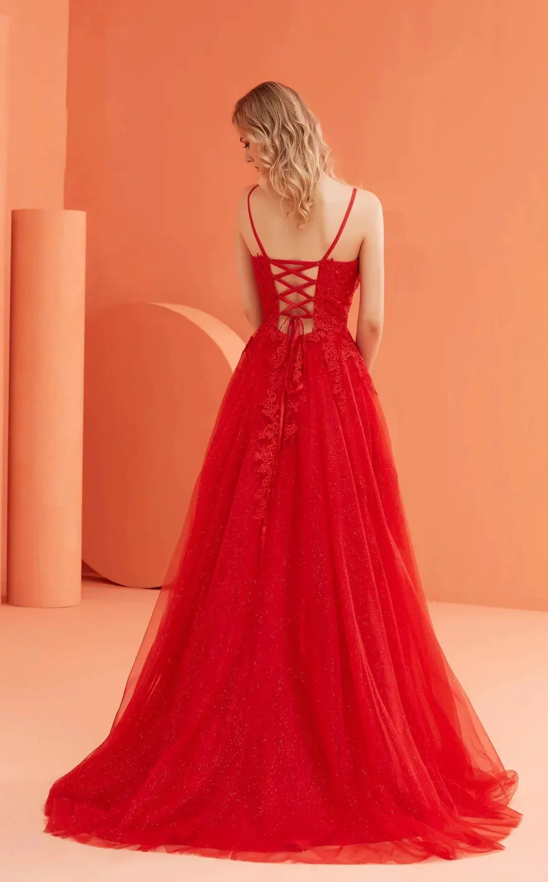 Dress Floral Embossed Bodice Vneck Spaghetti Straps Tulle Overskirt Red by Tux-USA