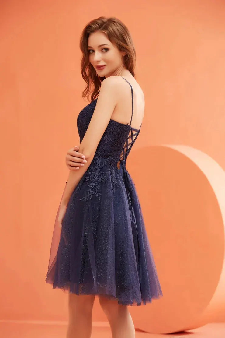 Tux-USA J22080 Elegant Tea Length Dress For Women A-Line V-Neck Corset Fit by Tux-USA