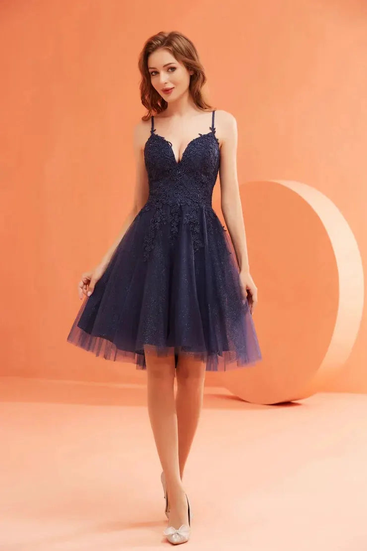 Tux-USA J22080 Elegant Tea Length Dress For Women A-Line V-Neck Corset Fit by Tux-USA