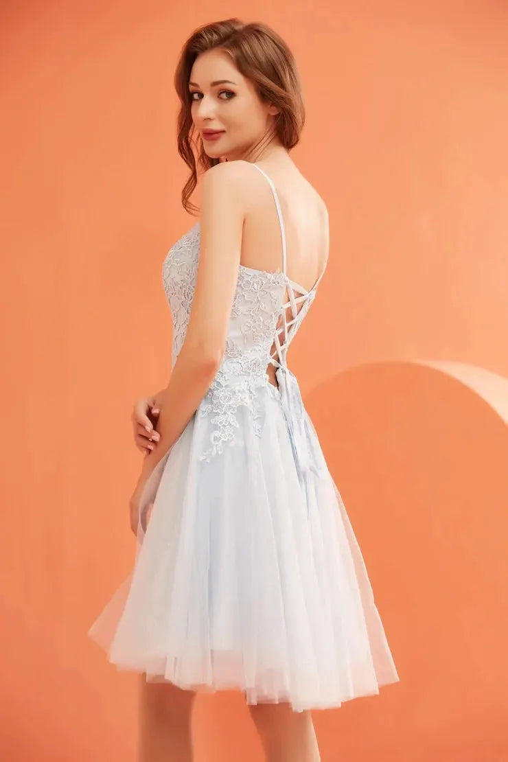 Tux-USA J22080 Elegant Tea Length Dress For Women A-Line V-Neck Corset Fit by Tux-USA