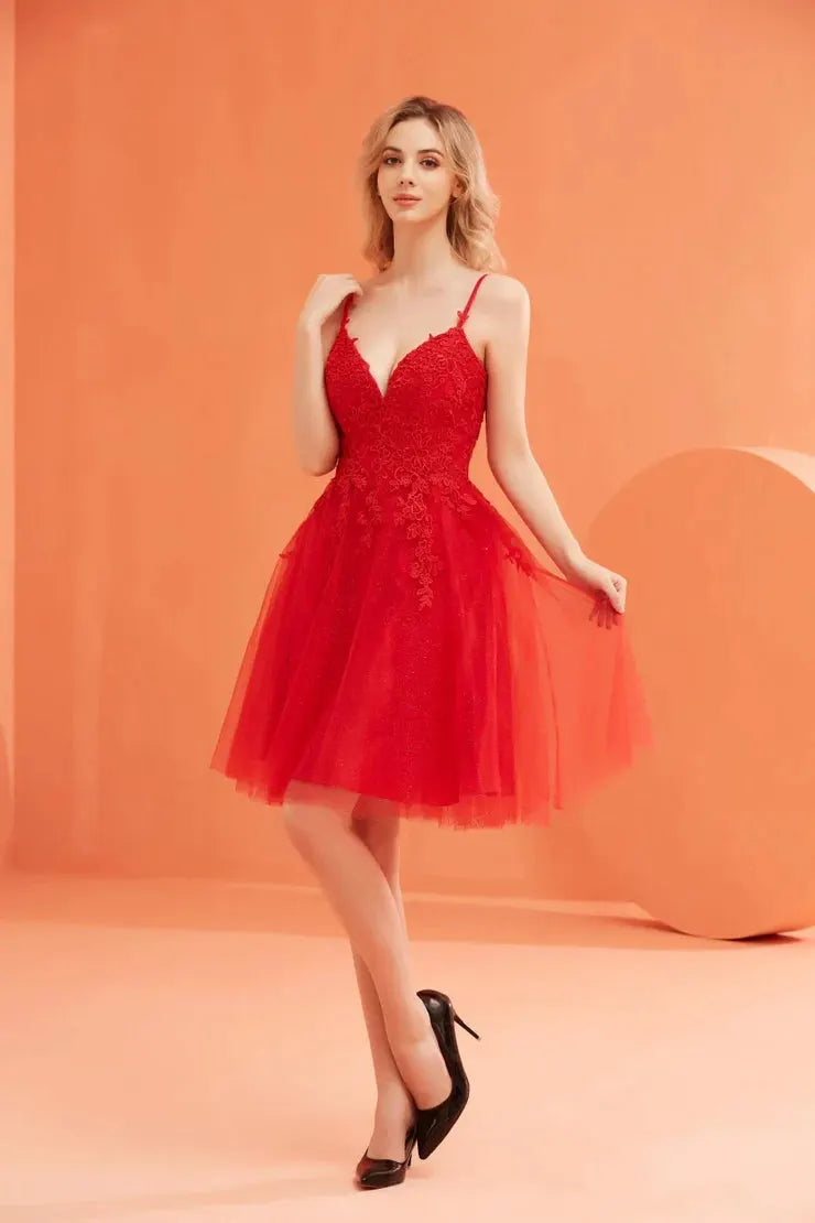 Tux-USA J22080 Elegant Tea Length Dress For Women A-Line V-Neck Corset Fit by Tux-USA
