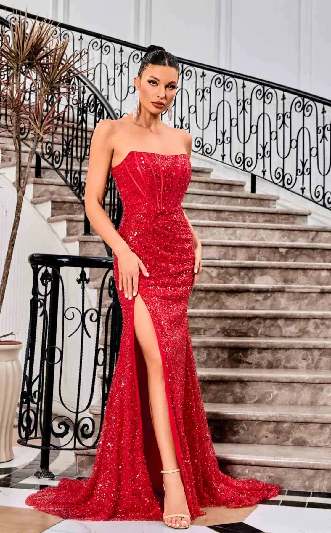 Evening Gown Off Shoulder Corset Beaded Sequined Tie Back High Slit by Tux-USA