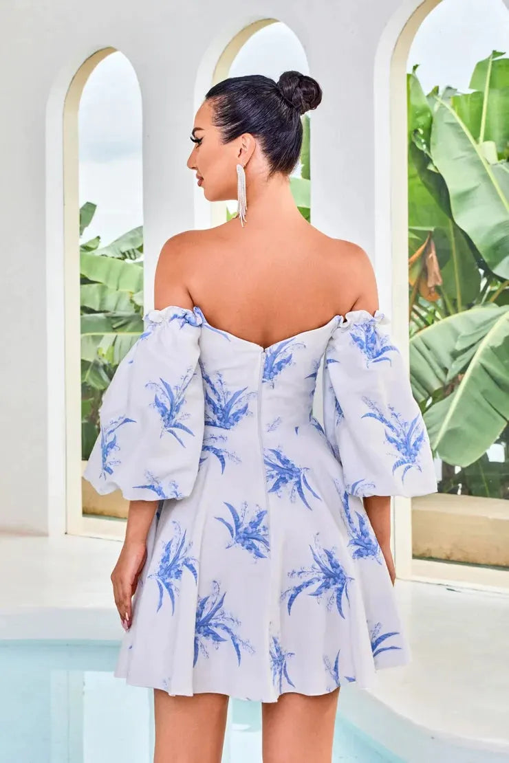 Dress Tea Length A Line Three Quarter Sleeve Sweetheart Neckline Blue Print by Tux-USA