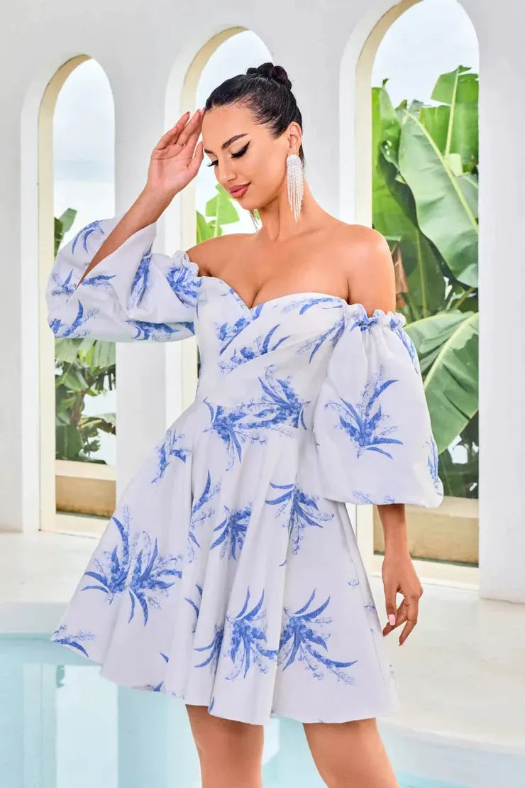 Dress Tea Length A Line Three Quarter Sleeve Sweetheart Neckline Blue Print by Tux-USA