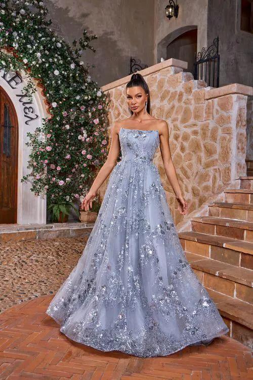 Tux USA Strapless Prom Dress With Glitter A Line Sky Periwinkle For Prom Goers by Tux-USA