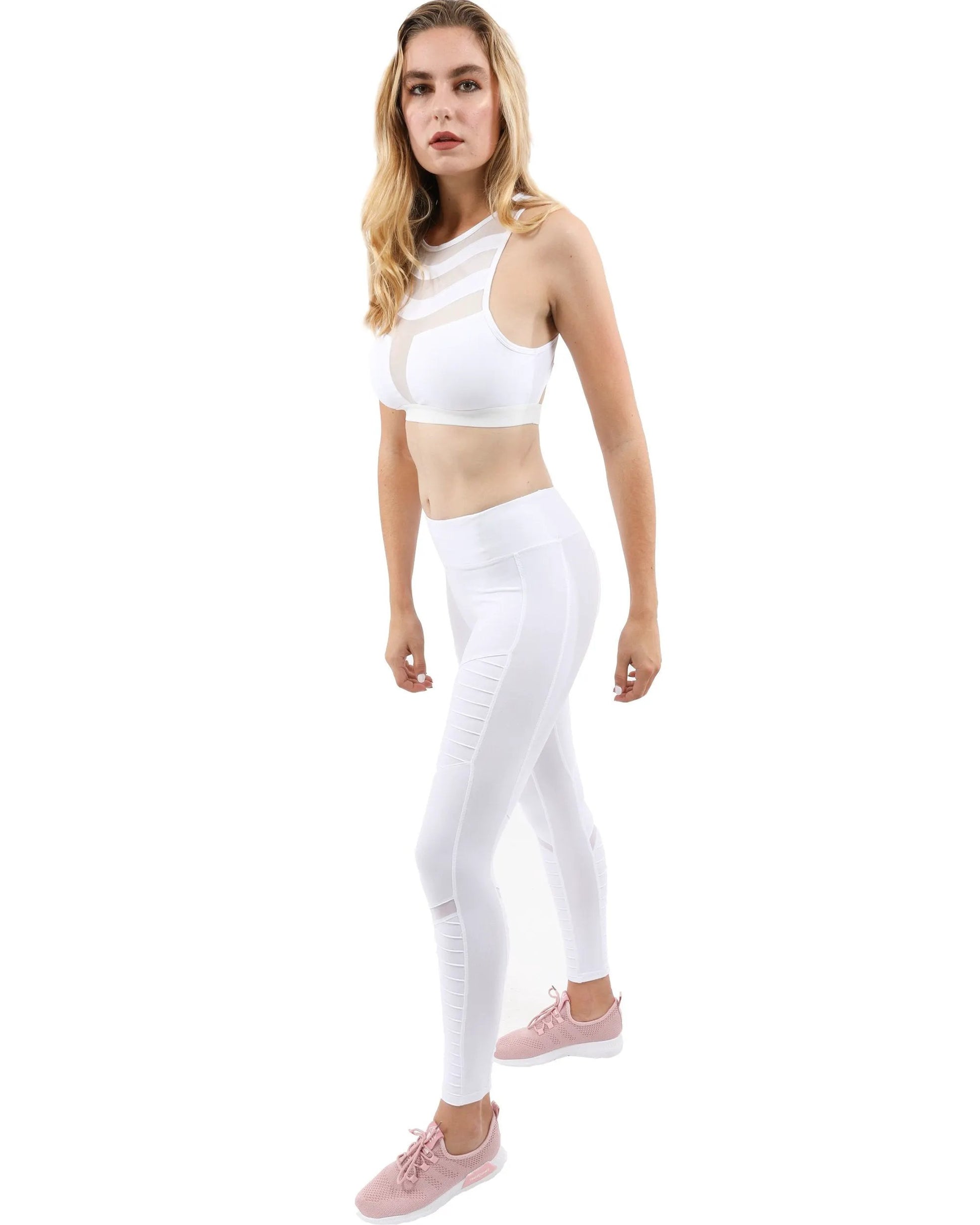 Athletique Low-Waisted Ribbed Leggings With Hidden Pocket and Mesh Panels - White by Savoy Active