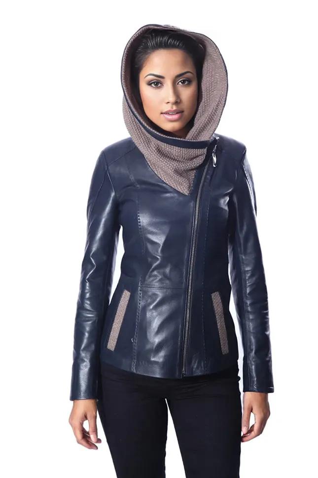 Janno Women’s Leather Jacket with Tricko Hoodie – Midnight Blue by Inland Leather Co