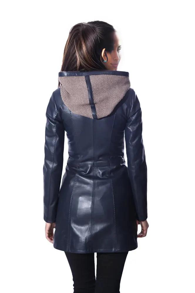 Janno Women’s Leather Jacket with Tricko Hoodie – Midnight Blue by Inland Leather Co