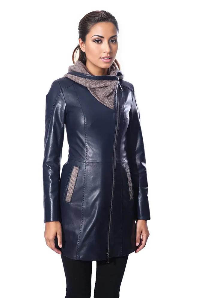 Janno Women’s Leather Jacket with Tricko Hoodie – Midnight Blue by Inland Leather Co