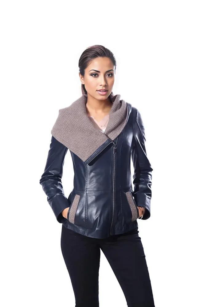 Janno Women’s Leather Jacket with Tricko Hoodie – Midnight Blue by Inland Leather Co